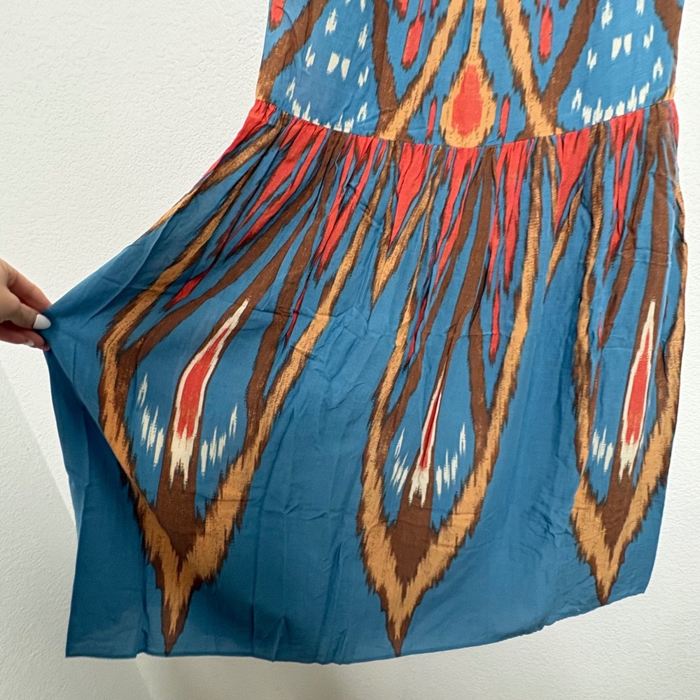 Free People Strapless Ikat Maxi Dress Blue Rust Boho Smocked Tiered XS - Picture 4 of 9
